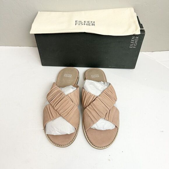 EILEEN FISHER sandals Womens 8.5 Toffee Cream Slide Cross Cross Flat Nubuck NEW - Picture 1 of 9